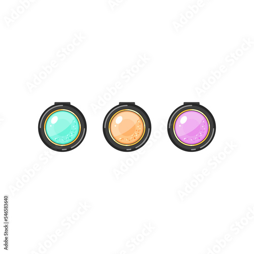 Three round eyeshadows cartoon illustration. Packages of decorative cosmetics, eye shadow. Skin care, beauty concept