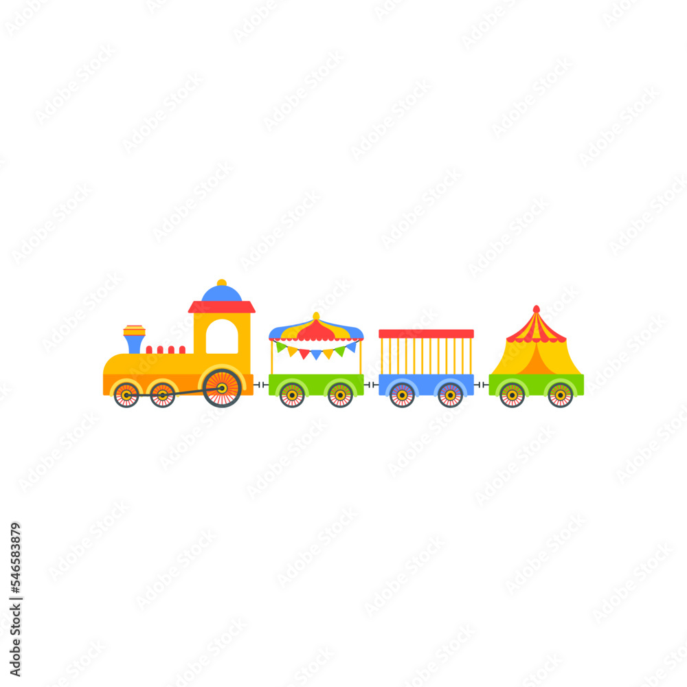 Toy carnival train cartoon illustration. Colorful kids locomotive, engine or wagons. Entertainment, recreation, childhood, transportation, vehicle concept
