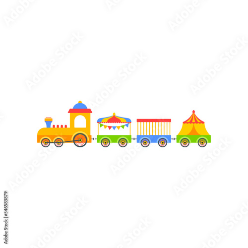Toy carnival train cartoon illustration. Colorful kids locomotive, engine or wagons. Entertainment, recreation, childhood, transportation, vehicle concept © SurfupVector