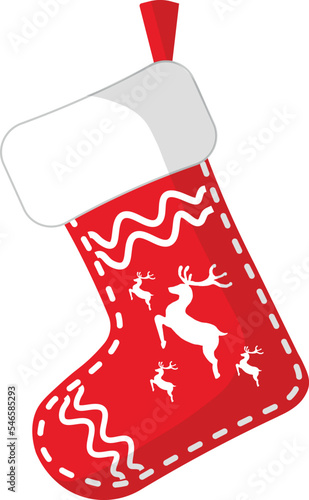 Vector Christmas Sock Design Element. Isolated red Christmas sock with stitch decorations. Silhouette Deer Icon. Vector Decorative Red color Christmas candy stocking sock. Winter socks design element.