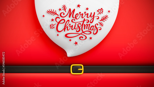 Red cartoon Santa Claus suit with white beard, belt and buckle. Merry Christmas and Happy New Year concept background for christmas greeting or invitation card. Santa Claus message banner with hand le