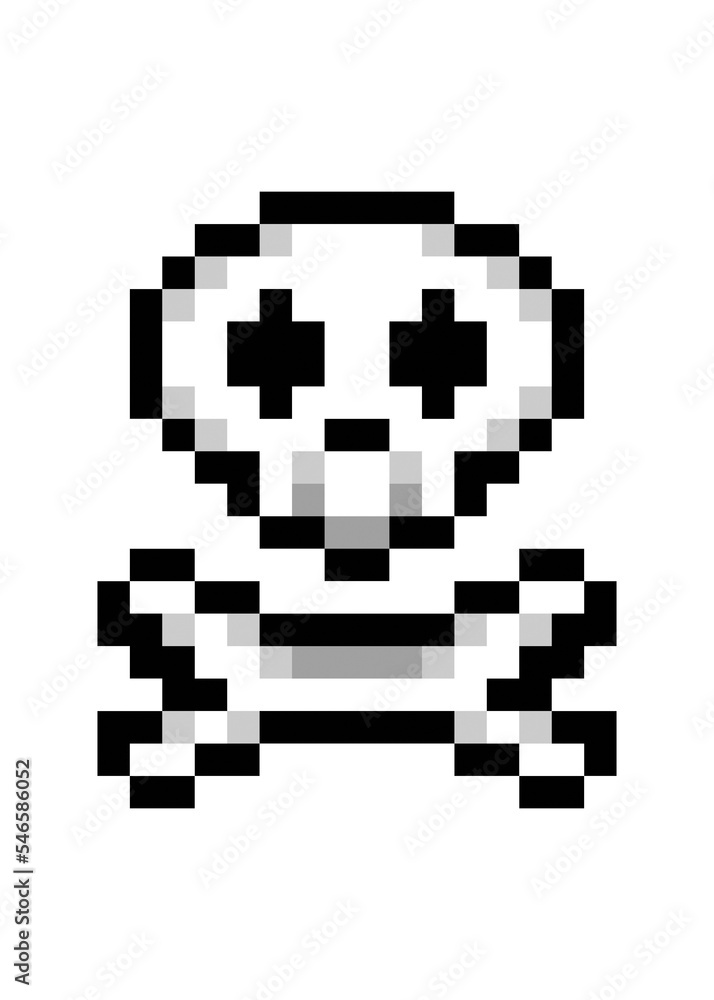 An isolated skull with two crossed bones (pirates' flag) drawn in pixel art style. Vertical orientation.
