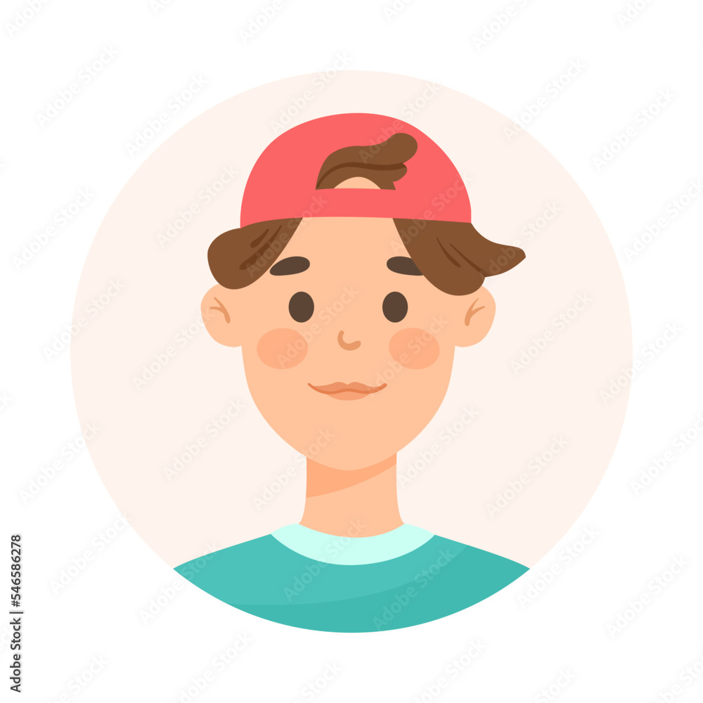 Young man with dark hair wearing cap avatar cartoon illustration. Face or portrait of cute user of social networks in T-shirt in circle on white background. Cyberspace, diverse concept Young man with dark hair wearing cap avatar cartoon illustration. Face or portrait of cute user of social networks in T-shirt in circle on white background. Cyberspace, diverse concept