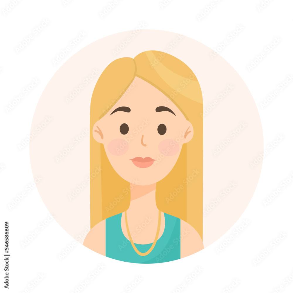 Blonde woman wearing dress avatar cartoon illustration. Face or portrait of cute happy user of social networks in circle on white background. Cyberspace, diverse concept Blonde woman wearing dress avatar cartoon illustration. Face or portrait of cute happy user of social networks in circle on white background. Cyberspace, diverse concept