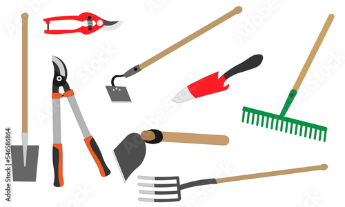 Set of various gardening objects. Garden tools. hoe, shovel and rake. . Vector illustration.