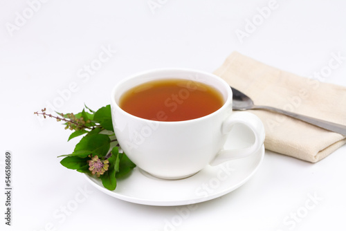 Tulsi or holy basil tea in white ceramic cup with tulsi leaf and branch isolated on white background. Ayurvedic medicine in India. Drink for health.