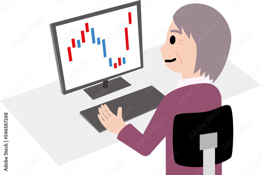 パソコンで株価を確認する初老の女性 パソコンで株価を確認する初老の女性