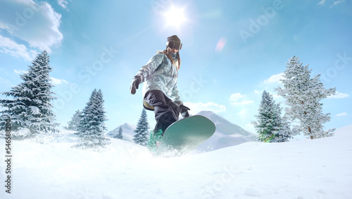 Snowboarder girl in action. Extreme winter sports.