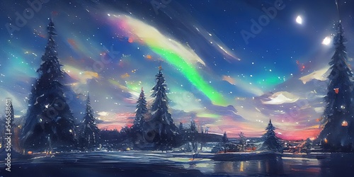 oil painting aurora sky in christmas holiday as background