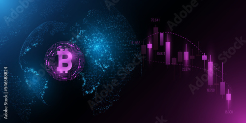 The concept of falling Bitcoin. The cryptocurrency market has fallen. Candlestick price pattern. Digital technology background. Futuristic business design. Blockchain. Vector illustration