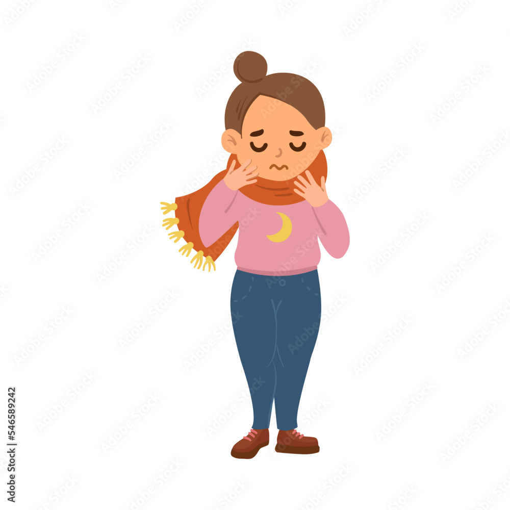 Sad sick girl with sore throat cartoon illustration. Kid in scarf suffering from flu, cold or virus isolated on white background. Little child feeling unwell. Disease, health concept