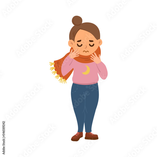 Sad sick girl with sore throat cartoon illustration. Kid in scarf suffering from flu, cold or virus isolated on white background. Little child feeling unwell. Disease, health concept