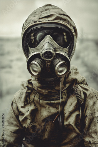 Post-apocalyptic portrait of a man in a gas mask. photo
