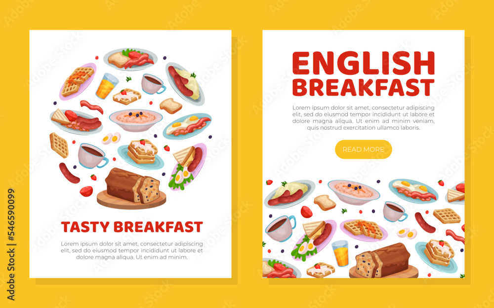 English breakfast web banner and card. Traditional tasty dishes for breakfast landing page, promotional leaflet cartoon vector