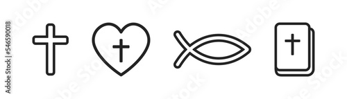 Vászonkép Christian symbols outline icon set on white background