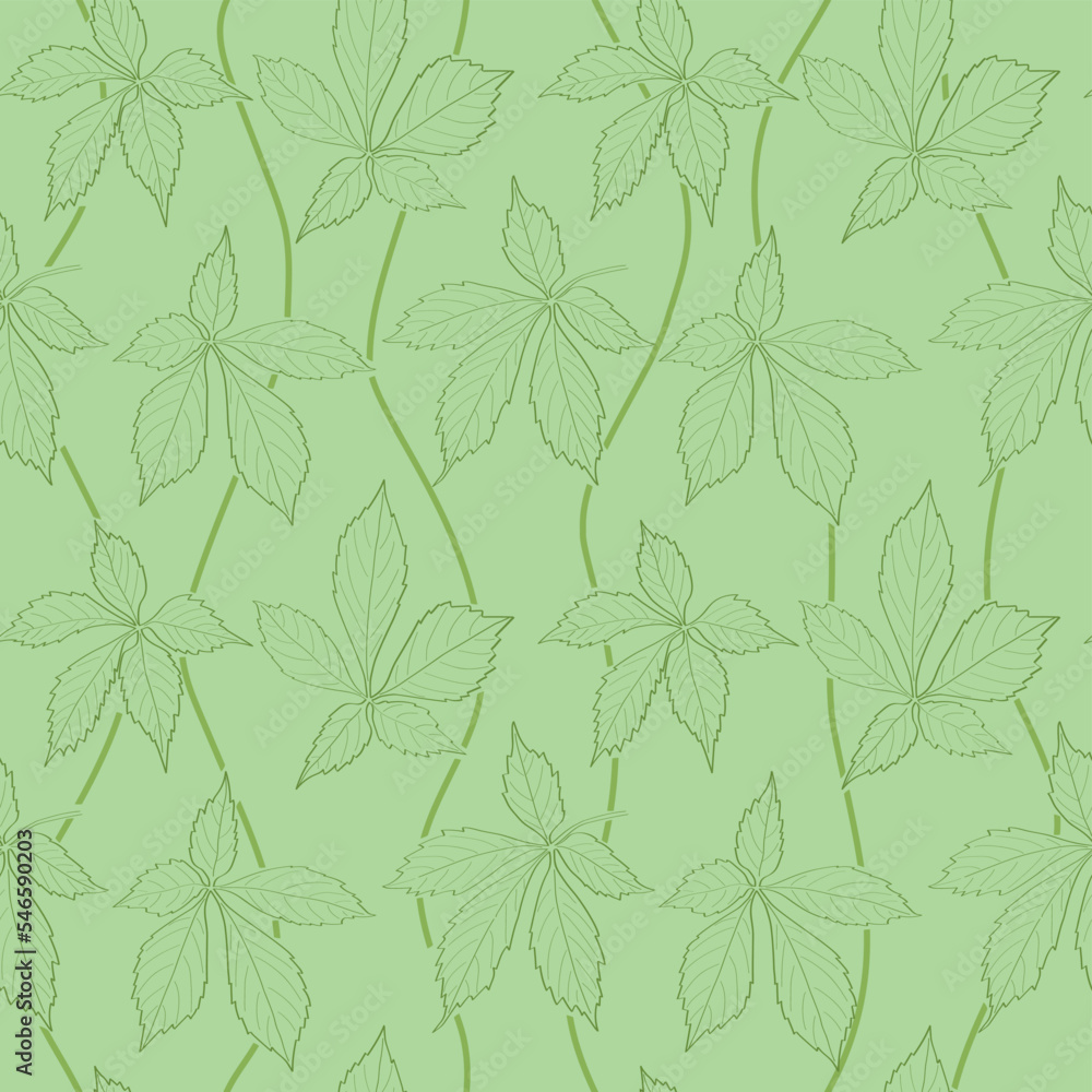 light green seamless pattern with contours of leaves - vector background