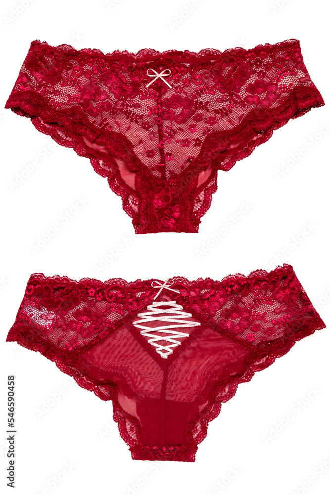 Underwear woman isolated. Close-up of a luxurious elegant sexy red lacy  thongs panties isolated on a white background. Underwear fashion. Front and  back view. Stock Photo | Adobe Stock