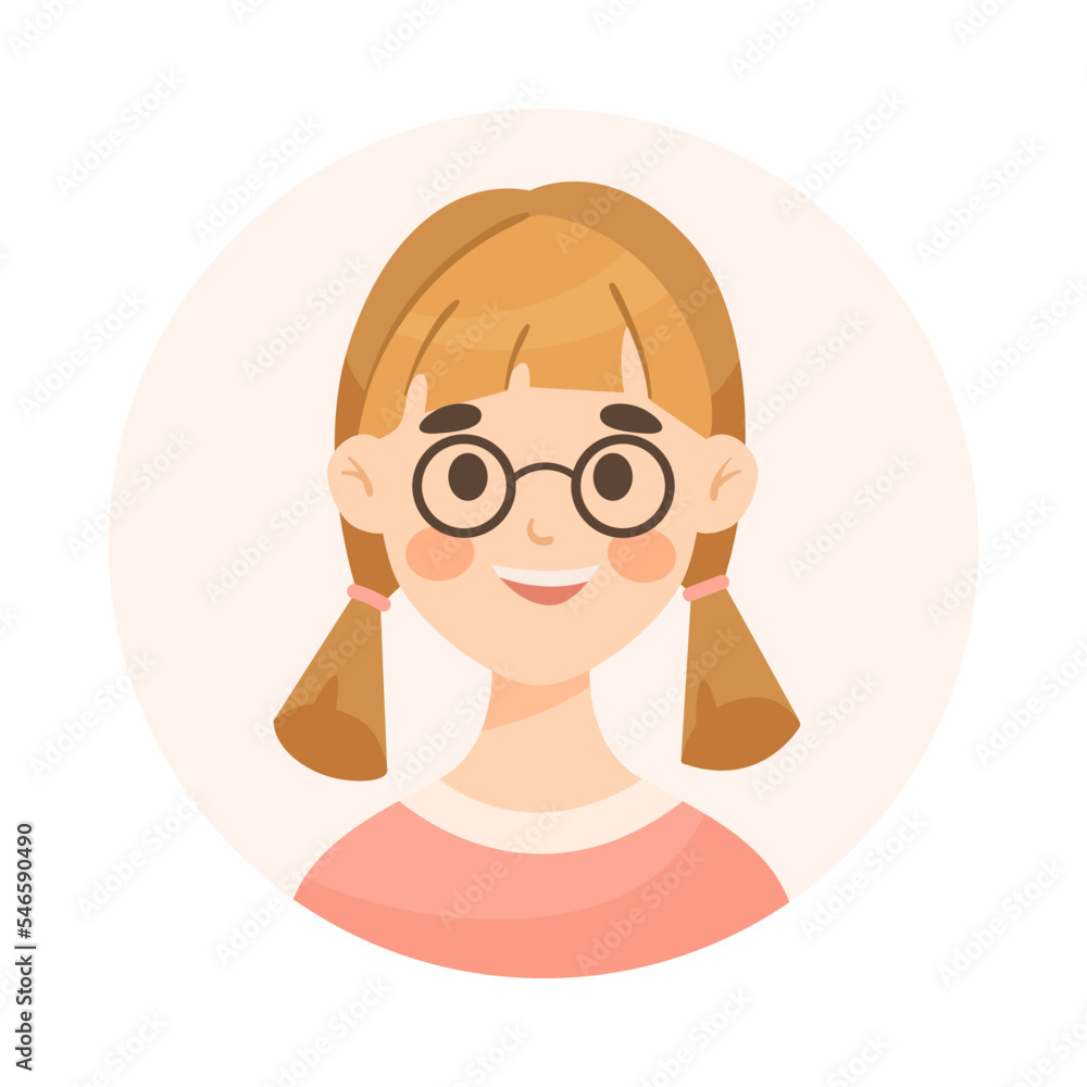 Blonde little girl wearing glasses avatar cartoon illustration. Face or portrait of cute happy user of social networks in circle on white background. Cyberspace, diverse concept Blonde little girl wearing glasses avatar cartoon illustration. Face or portrait of cute happy user of social networks in circle on white background. Cyberspace, diverse concept