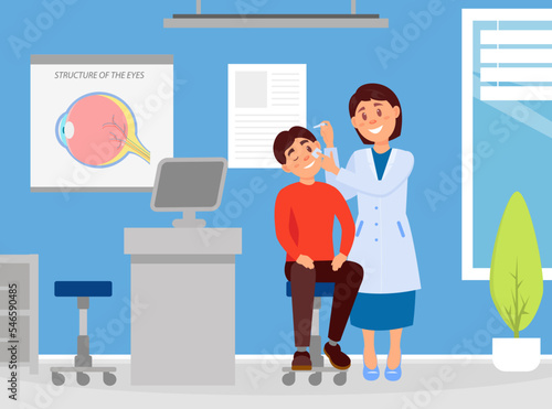 Woman ophthalmologist dripping drops into eyes of patient. Consultation and vision treatment in medical clinic cartoon vector