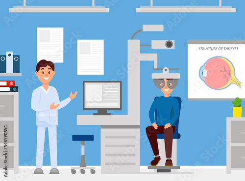 Cheerful ophthalmologist doctor checking eyesight of patient. Consultation and vision treatment in medical clinic cartoon vector