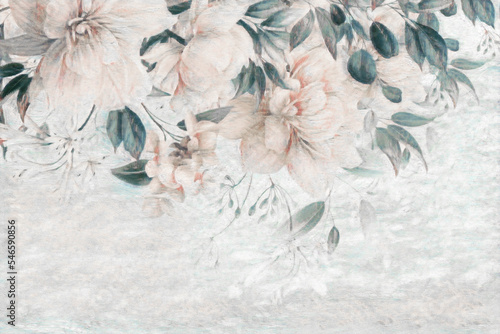 Big flowers. Floral background with oil pinting flowers on marble, can be used as wallpaper. © lucja_lusilas.pl