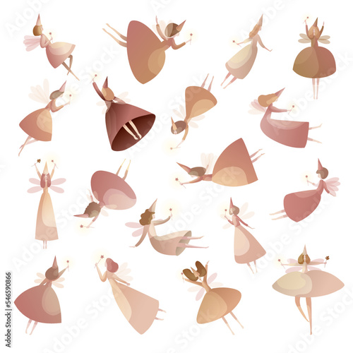Set of flying winged fairies in pointed hats. Little fairies in vintage dresses with magic wands flat vector