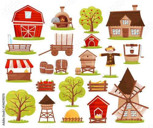 Set of farm objects set. Red barn, farmhouse, scarecrow, well, wooden market counter, fruit tree cartoon vector