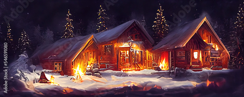 Blockhütte in einer Winterlandschaft mit Weihnachtsbaum und Lagerfeuer in weihnachtlicher Stimmung, Hintergrund Banner Illustration
 photo