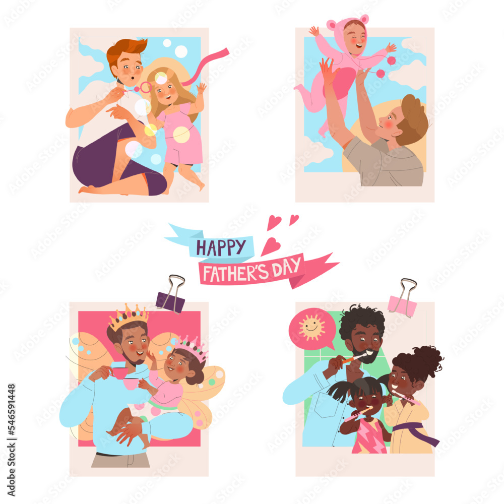 Father and Child Playing and Having Fun Together Enjoying Recreation Activity Vector Set