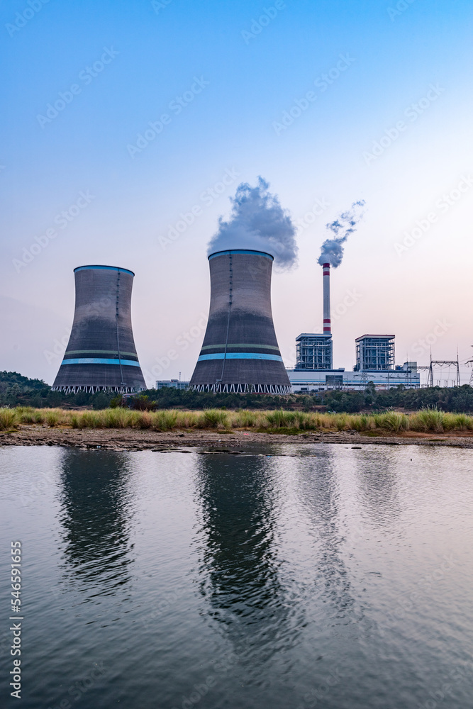 thermal power plant at sunset