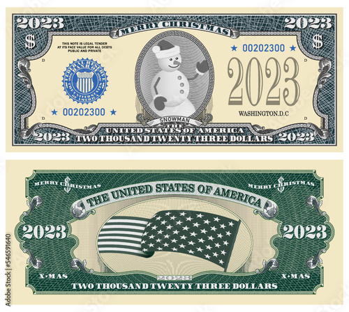 Vector 2023 US dollar banknote. Holiday money, Merry Christmas. Cheerful smiling snowman in an oval. Vintage guilloche frame. Bond in retro style