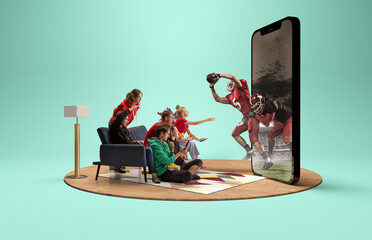 Attack. Group of young excited friends watching american football match at home interior. Huge 3D model of cellphone screen with created presence effect of american football players