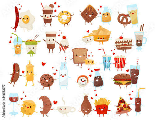 Food Character in Love Feeling Affection Having Partner Big Vector Set