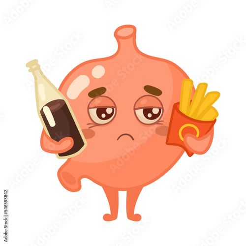 Sad stomach character with fast food cartoon illustration. Sick human organ with cute face holding fries and soda isolated on white background. Nutrition, digestive system concept