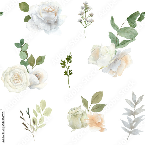 Seamless pattern. Watercolor white rose. Roses floral green greenery eucalyptus brown dry grass. Wedding boho floral Invitation decor design. Tender pastel cream flowers holiday birthday card. © Anastasia