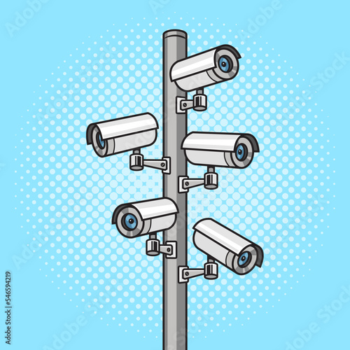 security surveillance camera pole pinup pop art retro vector illustration. Comic book style imitation.