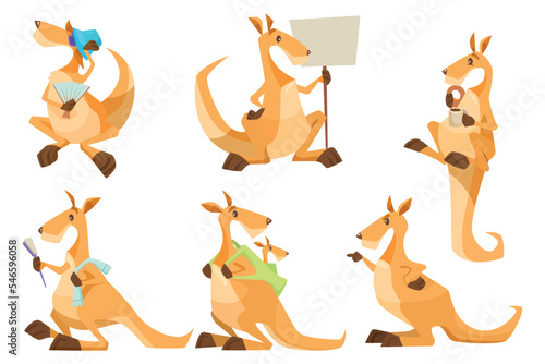 Cute kangaroo motions set. Vector illustrations of funny animal character with tail and pocket. Cartoon wild or zoo wallaby from Australia isolated on white. Mascot, Australian nature, fauna concept