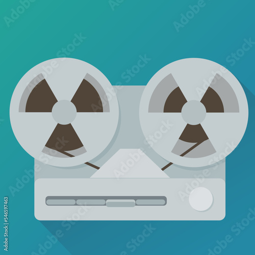 Metal magnetic tape player and recorder with its two reels on a blue background in flat design style