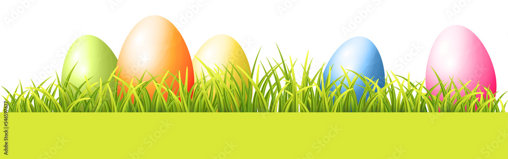 Painted Easter Eggs And Realistic Green Fresh Grass. Banner On Transparent Background