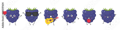 Blackberry set cute character cartoon delicious berry greet jump run sing smile face cheerful kawaii joy happy emotions icon vector illustration.