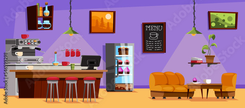 Empty coffee shop interior. Vector illustration of cafe room with modern furniture. Cartoon bar counter with coffee machine, table with chairs, dessert menu on wall. Bakery, restaurant concept © SurfupVector