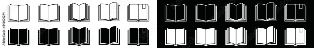 Book icon set. Book opened at center icon in flat and outline style. Stroke line and filled of book symbol, vector illustration Book icon set. Book opened at center icon in flat and outline style. Stroke line and filled of book symbol, vector illustration