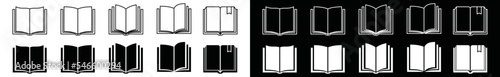 Book icon set. Book opened at center icon in flat and outline style. Stroke line and filled of book symbol, vector illustration