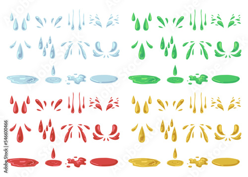 Falling liquid drops, splashes and puddles set. Vector illustrations of dripping water or paint blobs. Cartoon dribbles of different colors and shapes isolated on white. Weather, fluid motion concept