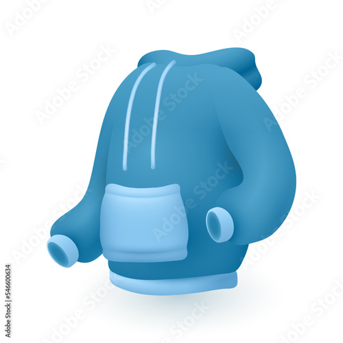 Hoodie with front pocket and hood with drawstring 3D icon. Unisex cotton casual longsleeve sweatshirt 3D vector illustration on white background. Fashion, sport outfit, warm clothing concept