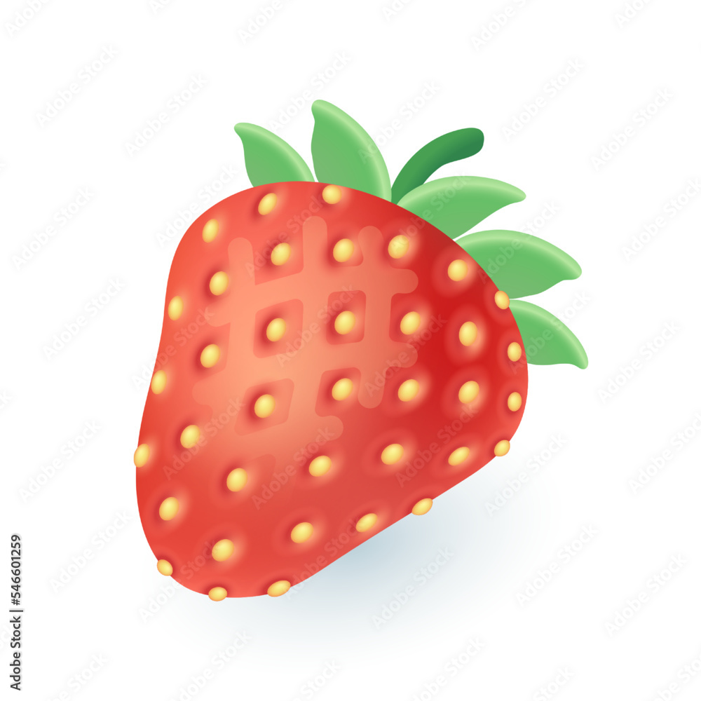 Ripe juicy strawberry with leaves and seeds 3D icon. Sweet natural organic berry ingredient for cooking and eating on vitamin dessert 3D vector illustration on white background. Summer food concept Ripe juicy strawberry with leaves and seeds 3D icon. Sweet natural organic berry ingredient for cooking and eating on vitamin dessert 3D vector illustration on white background. Summer food concept
