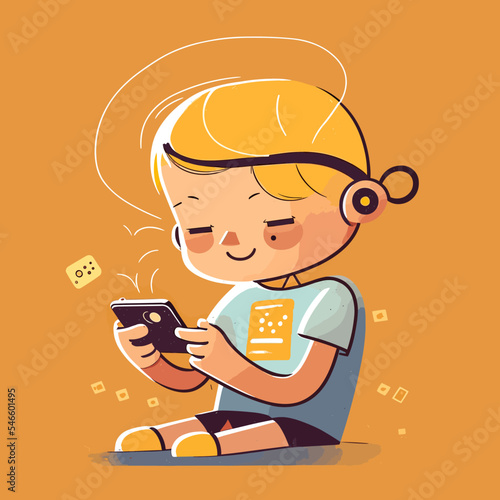 Vector of a blond boy completely lost playing video games on a yellow background