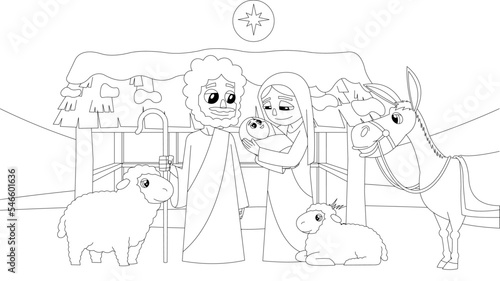 Outlined A Christmas Nativity Scene With Baby Jesus, Mary, Joseph, And Animals. Vector Hand Drawn Illustration Isolated On Transparent Background
