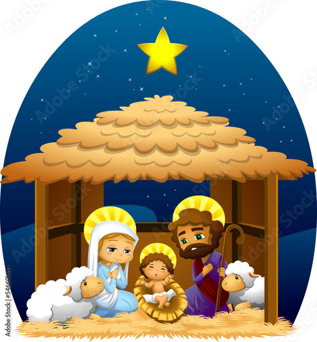 A Christmas Nativity Scene With Baby Jesus, Mary, And Joseph. Vector Flat Design Illustration With Background And Animals