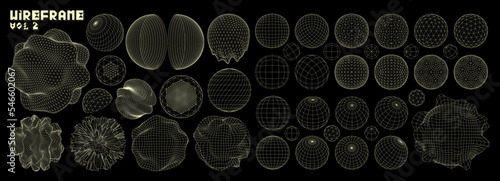 Wireframe 3D shapes. Sphere grid, geometric ball surface and hemisphere mesh vector set